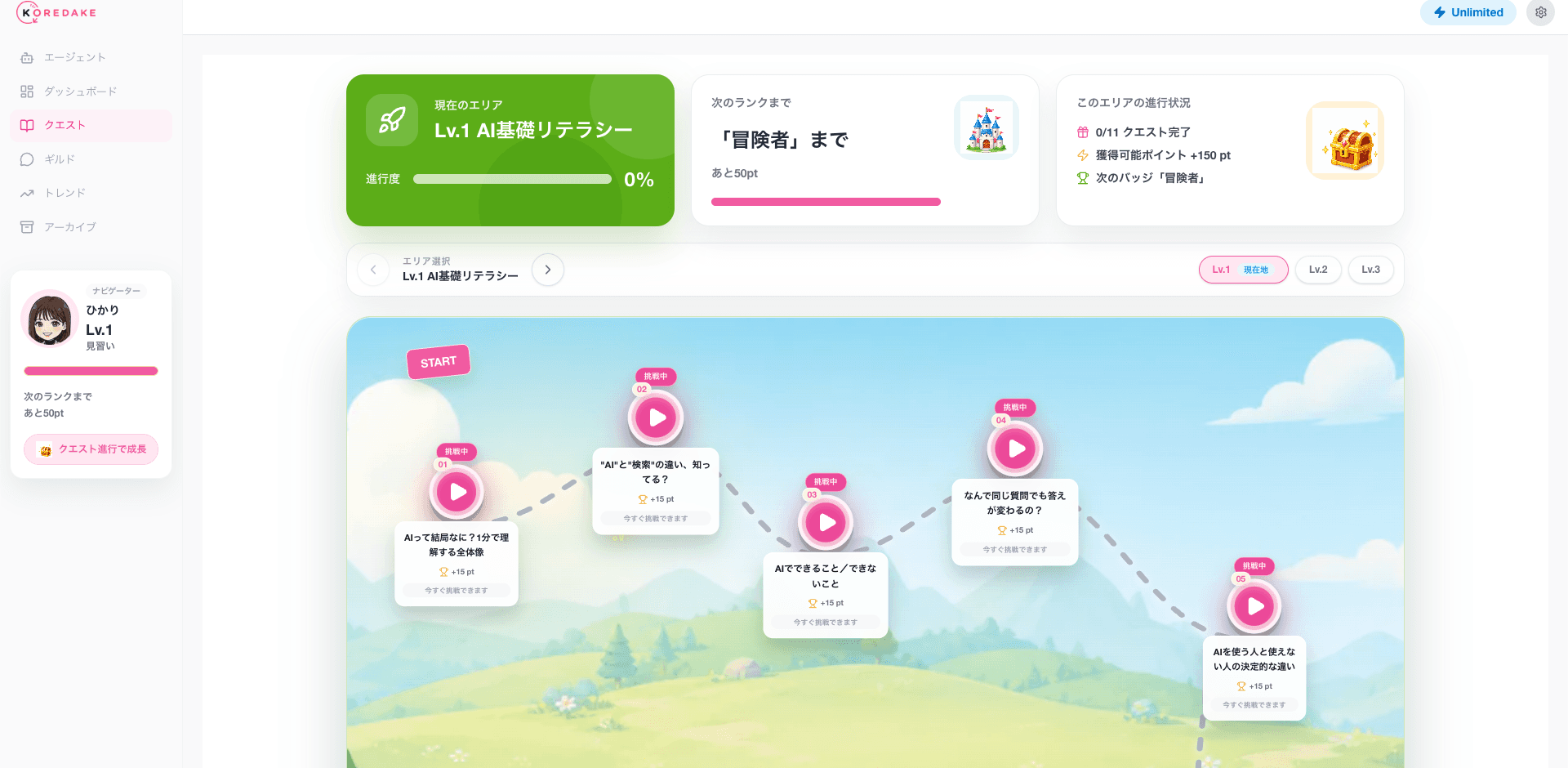 KOREDAKE AIのクエスト型学習マップ画面